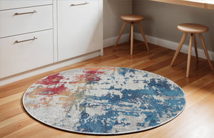 Homeroots 6' Ivory Red And Blue Abstract Distressed Non Skid Round Rug  Polypropylene,Polyester 550933
