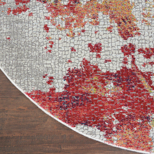 Homeroots 6' Ivory Red And Blue Abstract Distressed Non Skid Round Rug  Polypropylene,Polyester 550933
