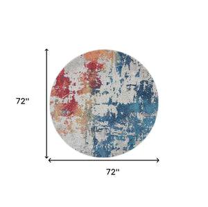 Homeroots 6' Ivory Red And Blue Abstract Distressed Non Skid Round Rug  Polypropylene,Polyester 550933