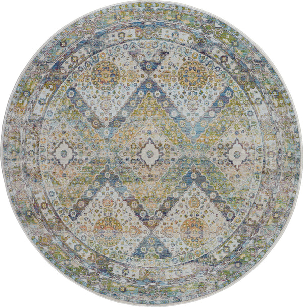 Homeroots 6' Ivory Blue And Green Floral Distressed Non Skid Round Rug  Polypropylene,Polyester 550934