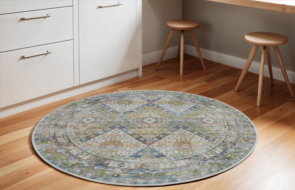 Homeroots 6' Ivory Blue And Green Floral Distressed Non Skid Round Rug  Polypropylene,Polyester 550934