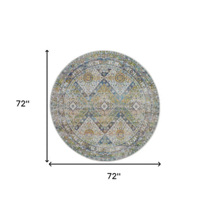 Homeroots 6' Ivory Blue And Green Floral Distressed Non Skid Round Rug  Polypropylene,Polyester 550934