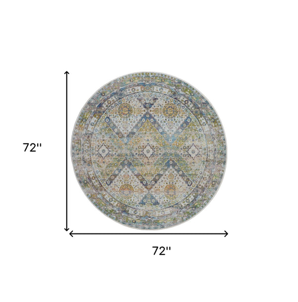 Homeroots 6' Ivory Blue And Green Floral Distressed Non Skid Round Rug  Polypropylene,Polyester 550934
