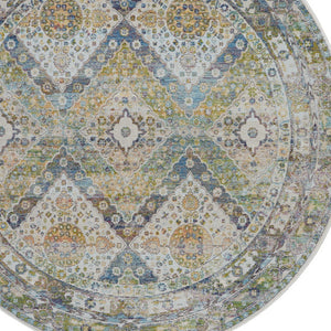 Homeroots 6' Ivory Blue And Green Floral Distressed Non Skid Round Rug  Polypropylene,Polyester 550934