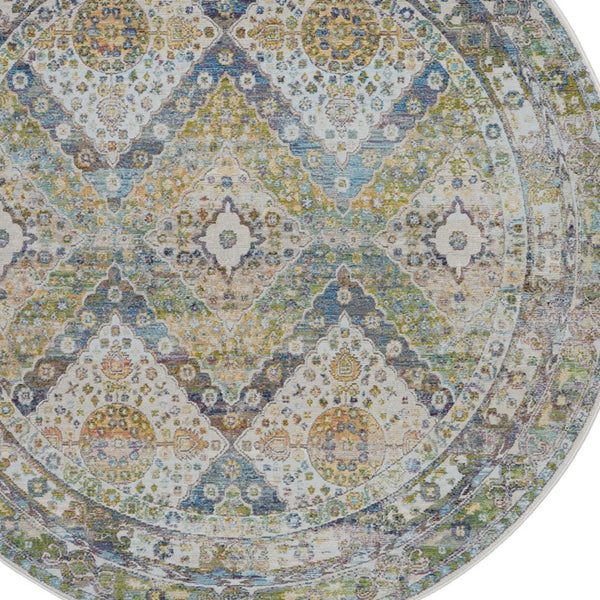 Homeroots 6' Ivory Blue And Green Floral Distressed Non Skid Round Rug  Polypropylene,Polyester 550934