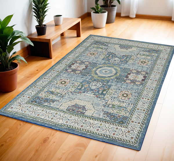 Homeroots 4' X 6' Ivory Blue And Green Oriental Distressed Non Skid Area Rug  Polypropylene,Polyester 550938
