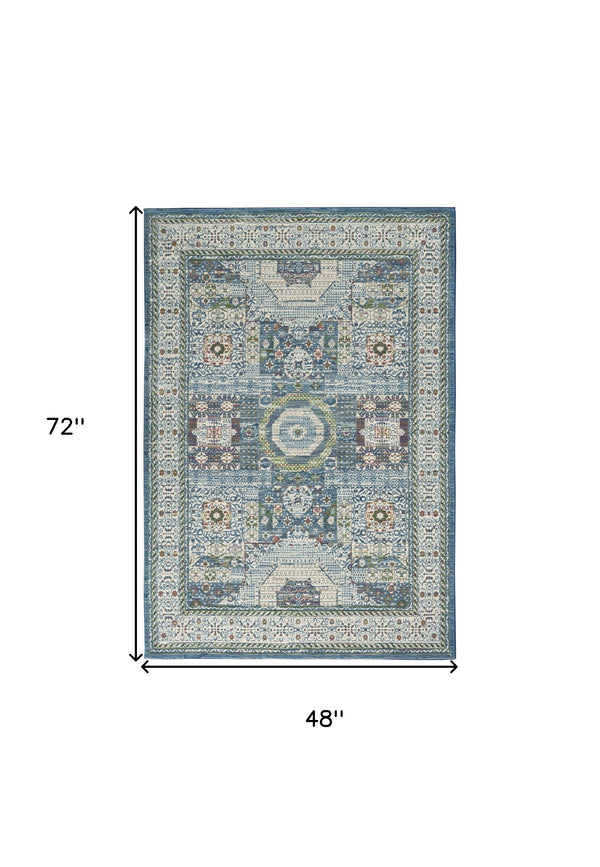 Homeroots 4' X 6' Ivory Blue And Green Oriental Distressed Non Skid Area Rug  Polypropylene,Polyester 550938