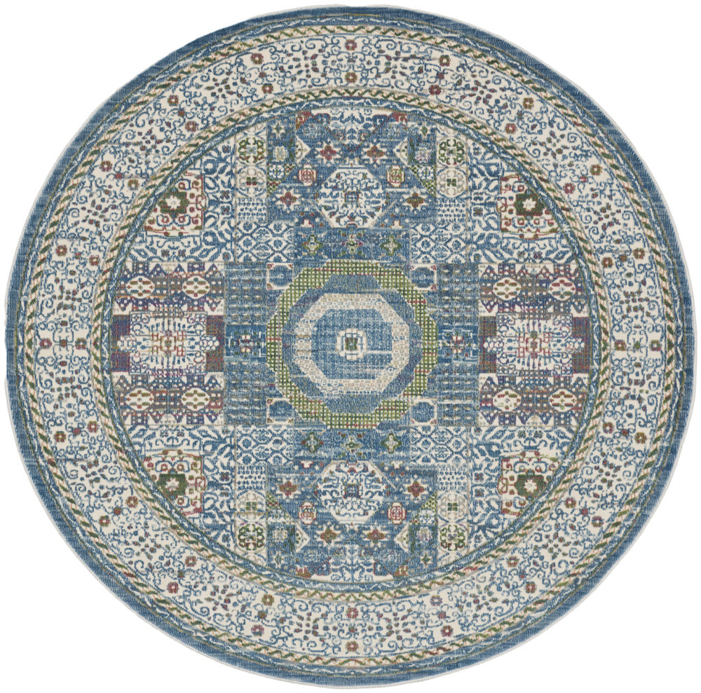 Homeroots 6' Ivory Blue And Green Oriental Distressed Non Skid Round Rug  Polypropylene,Polyester 550939