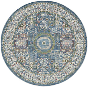Homeroots 6' Ivory Blue And Green Oriental Distressed Non Skid Round Rug  Polypropylene,Polyester 550939