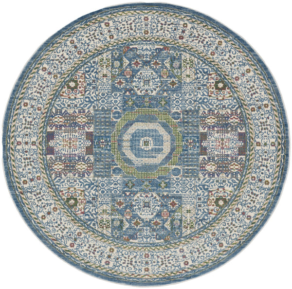 Homeroots 6' Ivory Blue And Green Oriental Distressed Non Skid Round Rug  Polypropylene,Polyester 550939