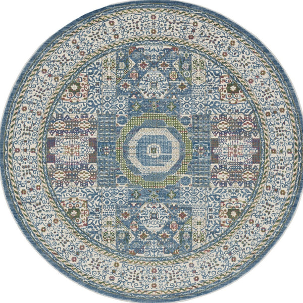 Homeroots 6' Ivory Blue And Green Oriental Distressed Non Skid Round Rug  Polypropylene,Polyester 550939