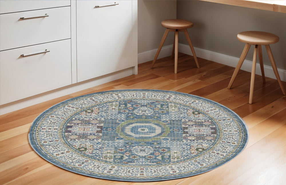Homeroots 6' Ivory Blue And Green Oriental Distressed Non Skid Round Rug  Polypropylene,Polyester 550939