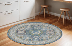 Homeroots 6' Ivory Blue And Green Oriental Distressed Non Skid Round Rug  Polypropylene,Polyester 550939