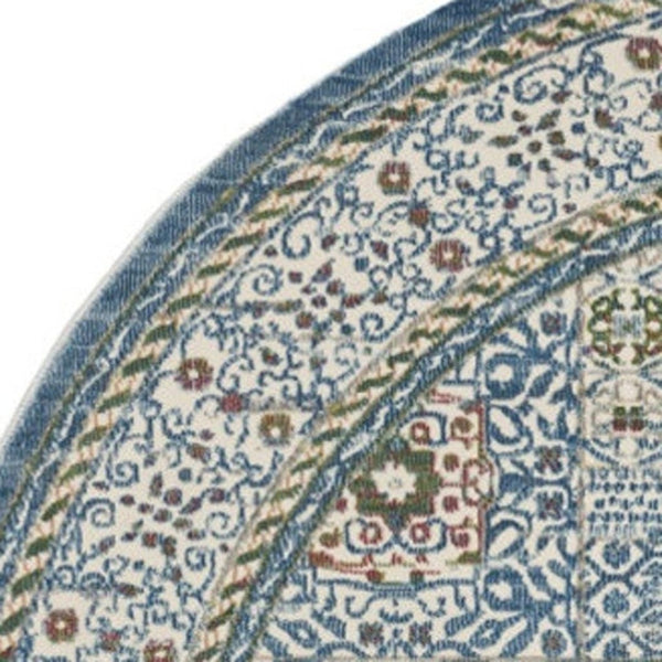 HomeRoots 6' Ivory Blue and Green Bohemian-Inspired Oriental Distressed Rug for Warmth and Style 6' Round 550939
