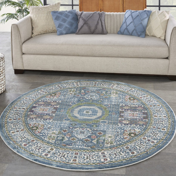 HomeRoots 6' Ivory Blue and Green Bohemian-Inspired Oriental Distressed Rug for Warmth and Style 6' Round 550939
