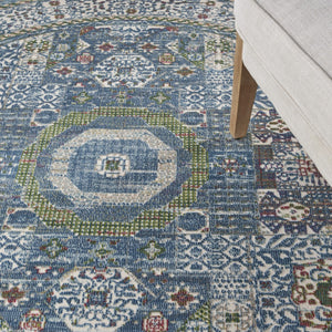 HomeRoots 6' Ivory Blue and Green Bohemian-Inspired Oriental Distressed Rug for Warmth and Style 6' Round 550939