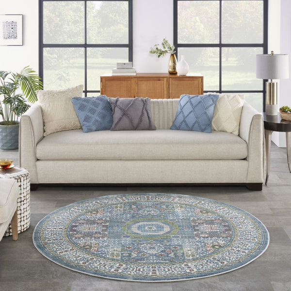 HomeRoots 6' Ivory Blue and Green Bohemian-Inspired Oriental Distressed Rug for Warmth and Style 6' Round 550939