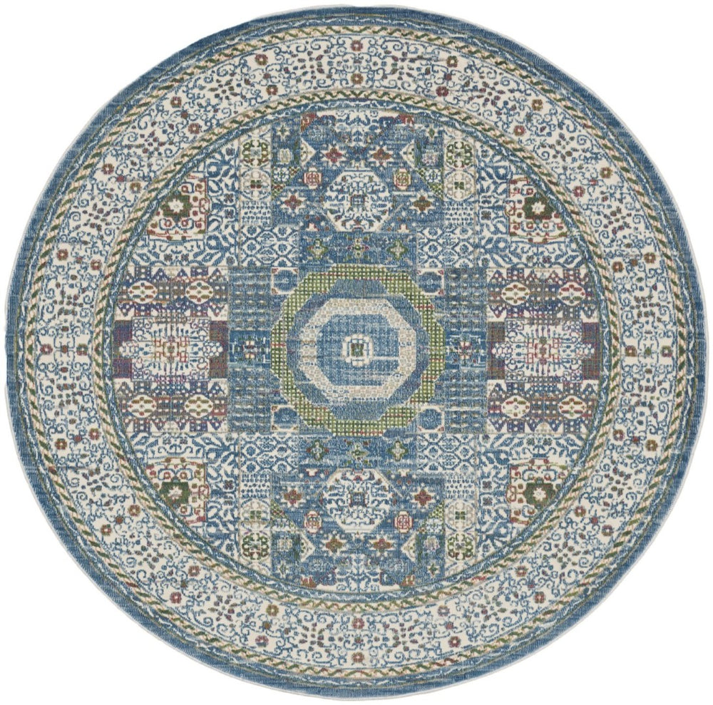 HomeRoots 6' Ivory Blue and Green Bohemian-Inspired Oriental Distressed Rug for Warmth and Style 6' Round 550939