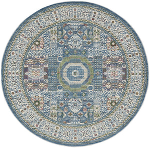 HomeRoots 6' Ivory Blue and Green Bohemian-Inspired Oriental Distressed Rug for Warmth and Style 6' Round 550939