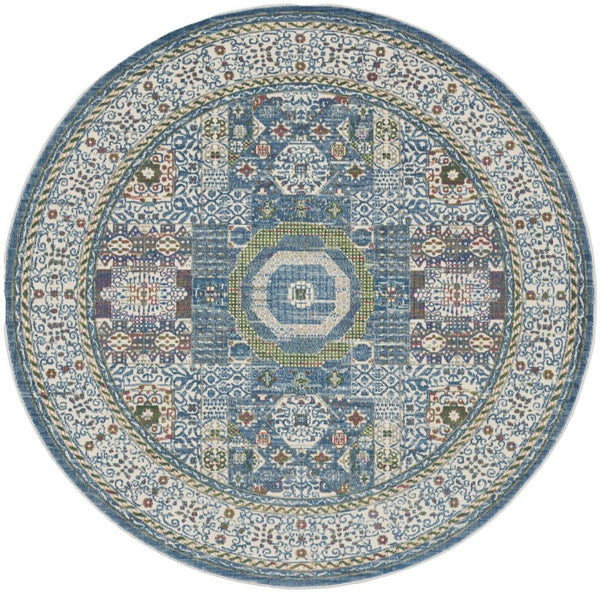 HomeRoots 6' Ivory Blue and Green Bohemian-Inspired Oriental Distressed Rug for Warmth and Style 6' Round 550939