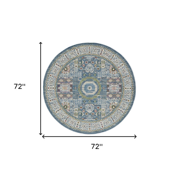 Homeroots 6' Ivory Blue And Green Oriental Distressed Non Skid Round Rug  Polypropylene,Polyester 550939