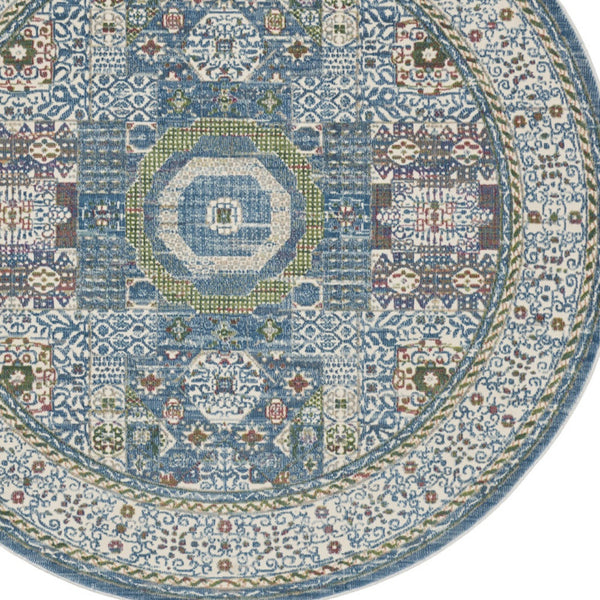 Homeroots 6' Ivory Blue And Green Oriental Distressed Non Skid Round Rug  Polypropylene,Polyester 550939