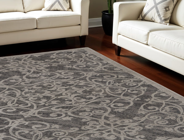 Homeroots 8' X 10' Charcoal And Gray Damask Distressed Area Rug  Cotton,Polyester 550942