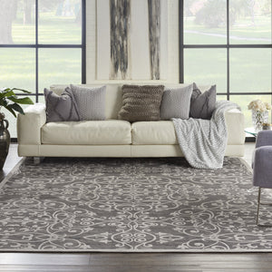 Homeroots 8' X 10' Charcoal And Gray Damask Distressed Area Rug  Cotton,Polyester 550942