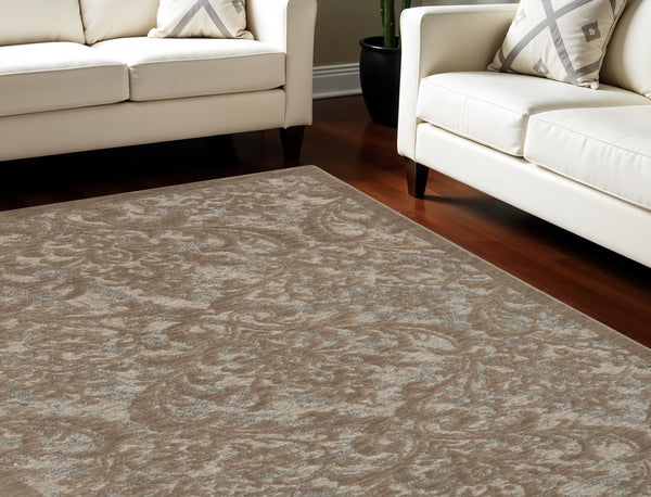 Homeroots 8' X 10' Gray And Brown Damask Distressed Area Rug  Cotton,Polyester 550944