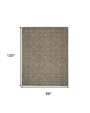 Homeroots 8' X 10' Gray And Brown Damask Distressed Area Rug  Cotton,Polyester 550944