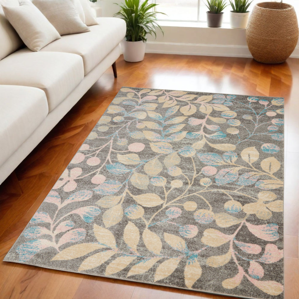 Homeroots 5' Tropical Floral Area Rug In Beige, Gray & Blue - Stain Resistant, Durable, Perfect For Homes!  Polypropylene 550952