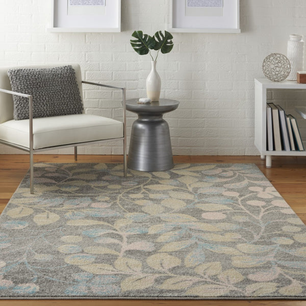 HomeRoots 5' Tropical Floral Area Rug in Beige, Gray & Blue - Perfect for Cozy Living Spaces & High Traffic Areas 5' X 7' 550952