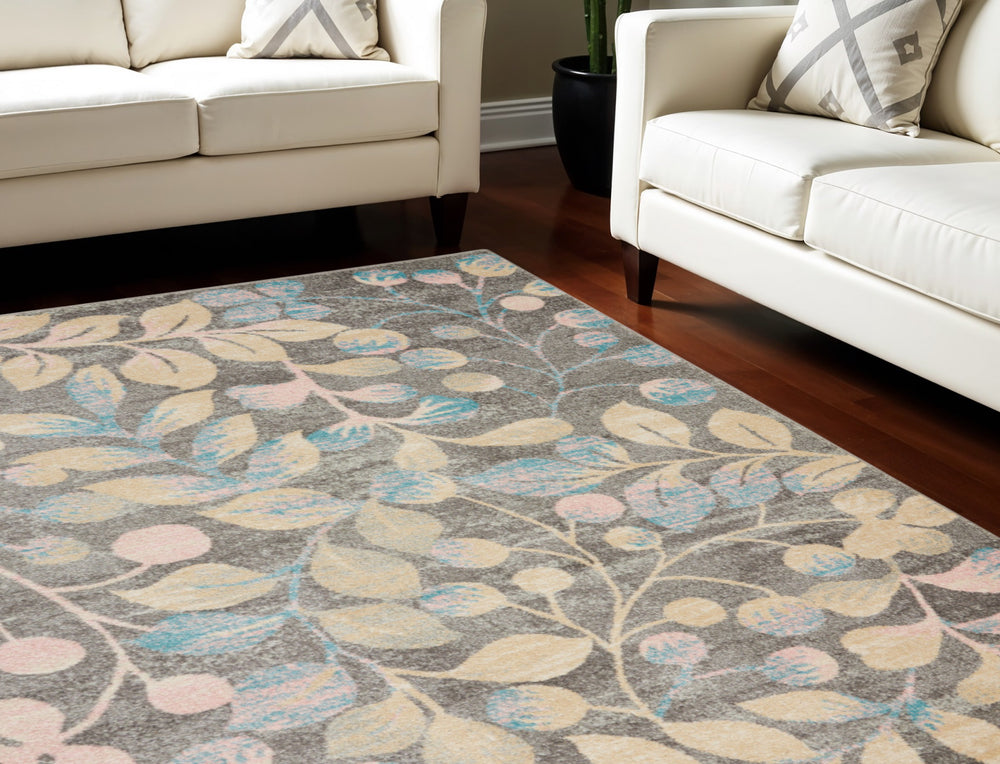 Homeroots 6' Beige Gray And Blue Botanical Leaves Area Rug - Durable, Stain Resistant, Perfect For Homes With Kids  Polypropylene 550954