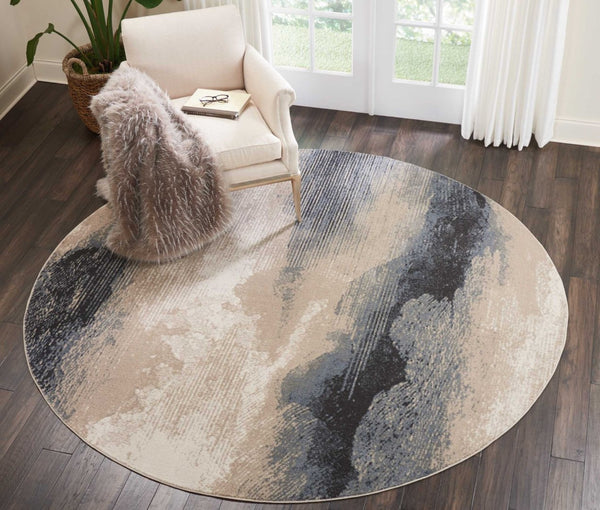 HomeRoots 5' Abstract Gray, Black & Beige Non-Skid Rug – Durable, Stain-Resistant Design for Modern Interiors 8' Round 550963