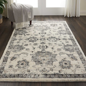 HomeRoots 4' Elegant Cream and Gray Floral Medallion Distressed Area Rug for Timeless Home Décor Appeal 4' X 6' 550966