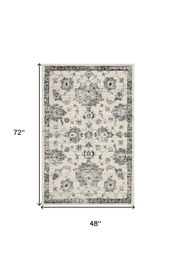 Homeroots 4' X 6' Cream And Gray Floral Medallion Distressed Area Rug  Polypropylene 550966