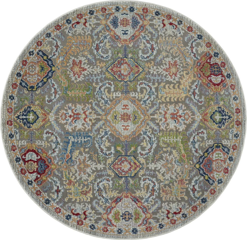 Homeroots 6' Blue Gray And Green Floral Distressed Non Skid Round Rug  Polypropylene,Polyester 550970