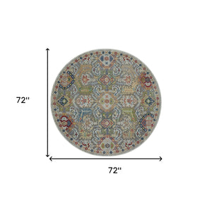 Homeroots 6' Blue Gray And Green Floral Distressed Non Skid Round Rug  Polypropylene,Polyester 550970