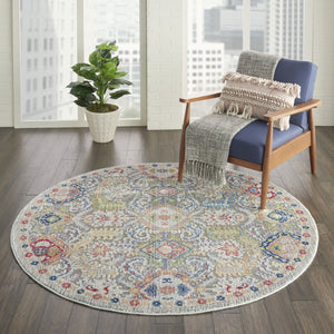 HomeRoots 6' Distressed Floral Round Rug in Soft Blue-Gray & Green - Durable Non-Skid for High-Traffic Areas 6' Round 550970