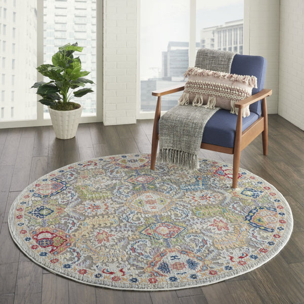 HomeRoots 6' Distressed Floral Round Rug in Soft Blue-Gray & Green - Durable Non-Skid for High-Traffic Areas 6' Round 550970