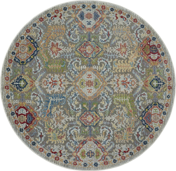 HomeRoots 6' Distressed Floral Round Rug in Soft Blue-Gray & Green - Durable Non-Skid for High-Traffic Areas 6' Round 550970