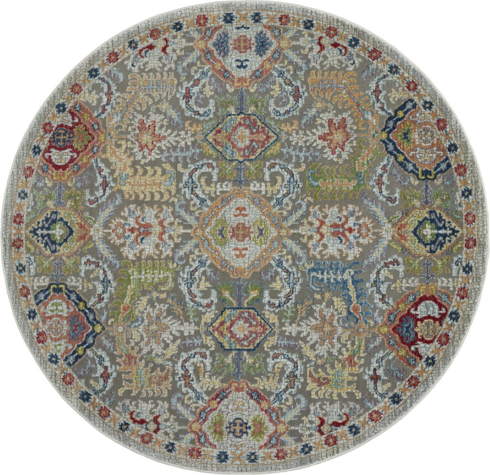 HomeRoots 6' Distressed Floral Round Rug in Soft Blue-Gray & Green - Durable Non-Skid for High-Traffic Areas 6' Round 550970