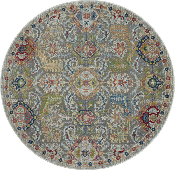 Homeroots 6' Blue Gray And Green Floral Distressed Non Skid Round Rug  Polypropylene,Polyester 550970