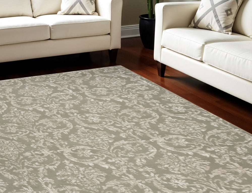HomeRoots 8' Olive Green and Ivory Damask Distressed Non-Skid Area Rug for Timeless Elegance and Durability 8' X 10' 550973