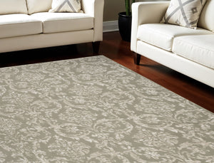 HomeRoots 8' Olive Green and Ivory Damask Distressed Non-Skid Area Rug for Timeless Elegance and Durability 8' X 10' 550973