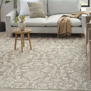 HomeRoots 8' Olive Green and Ivory Damask Distressed Non-Skid Area Rug for Timeless Elegance and Durability 8' X 10' 550973