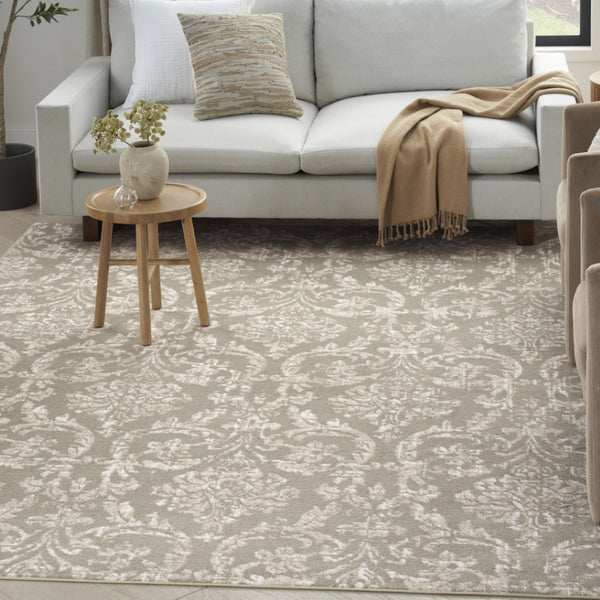 HomeRoots 8' Olive Green and Ivory Damask Distressed Non-Skid Area Rug for Timeless Elegance and Durability 8' X 10' 550973
