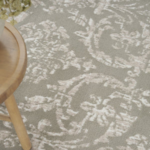 HomeRoots 8' Olive Green and Ivory Damask Distressed Non-Skid Area Rug for Timeless Elegance and Durability 8' X 10' 550973