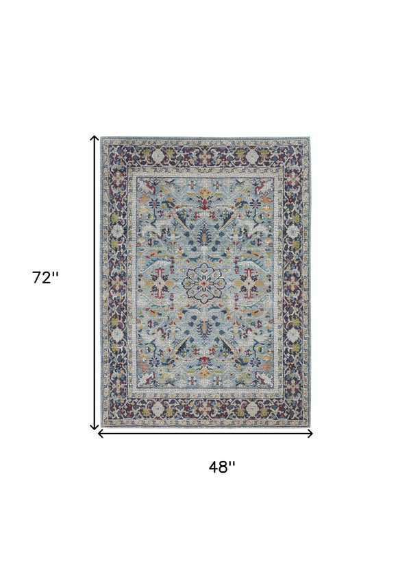 Homeroots 4' X 6' Teal Blue Orange And Black Floral Distressed Non Skid Area Rug  Polypropylene,Polyester 550980