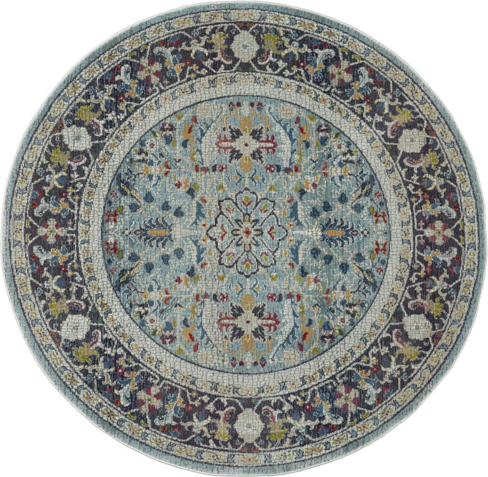 Homeroots 6' Teal Blue Orange And Black Floral Distressed Non Skid Round Rug  Polypropylene,Polyester 550981